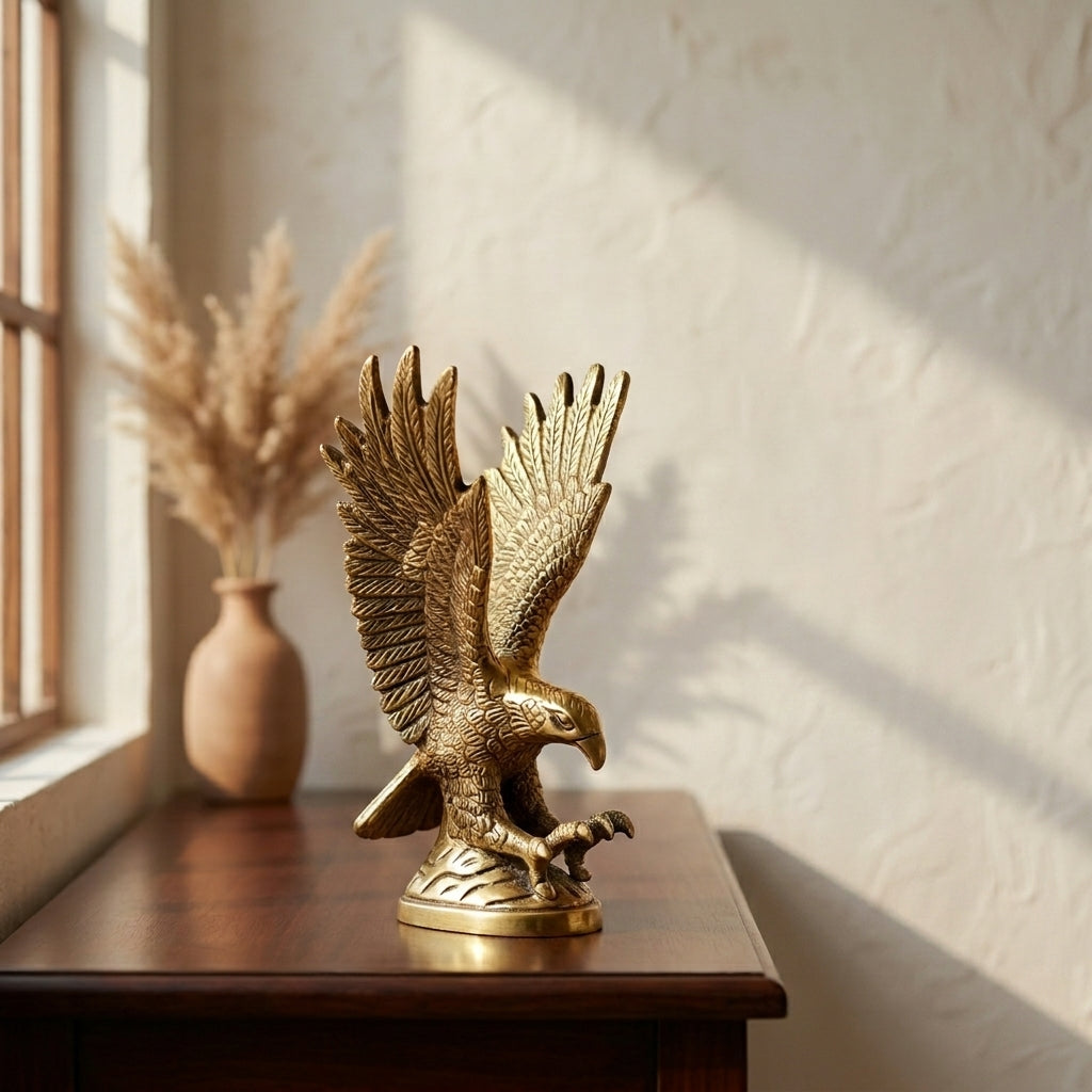 Svarn Studio Brass Eagle Figurine | Landing Pose | Antique Gold | 15 cm