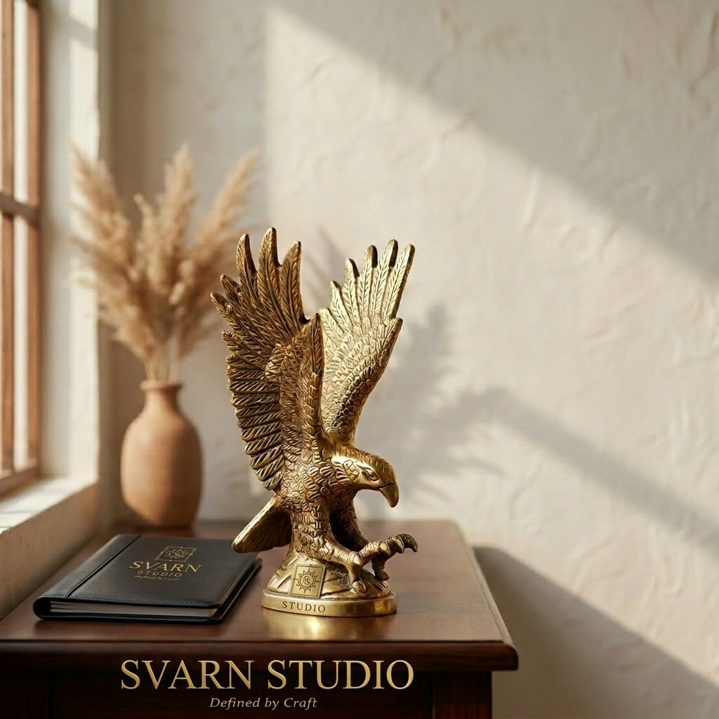 Svarn Studio Brass Eagle Figurine | Landing Pose | Antique Gold | 15 cm