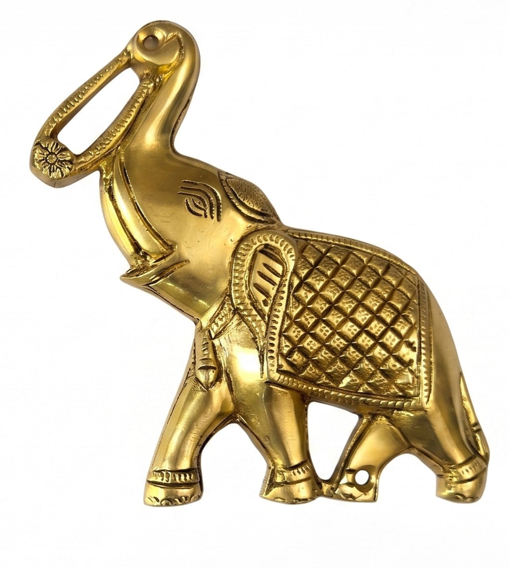 Svarn Studio Brass Trunk-Up Elephant - Second single piece front view on white background showing right-facing elephant with full detail