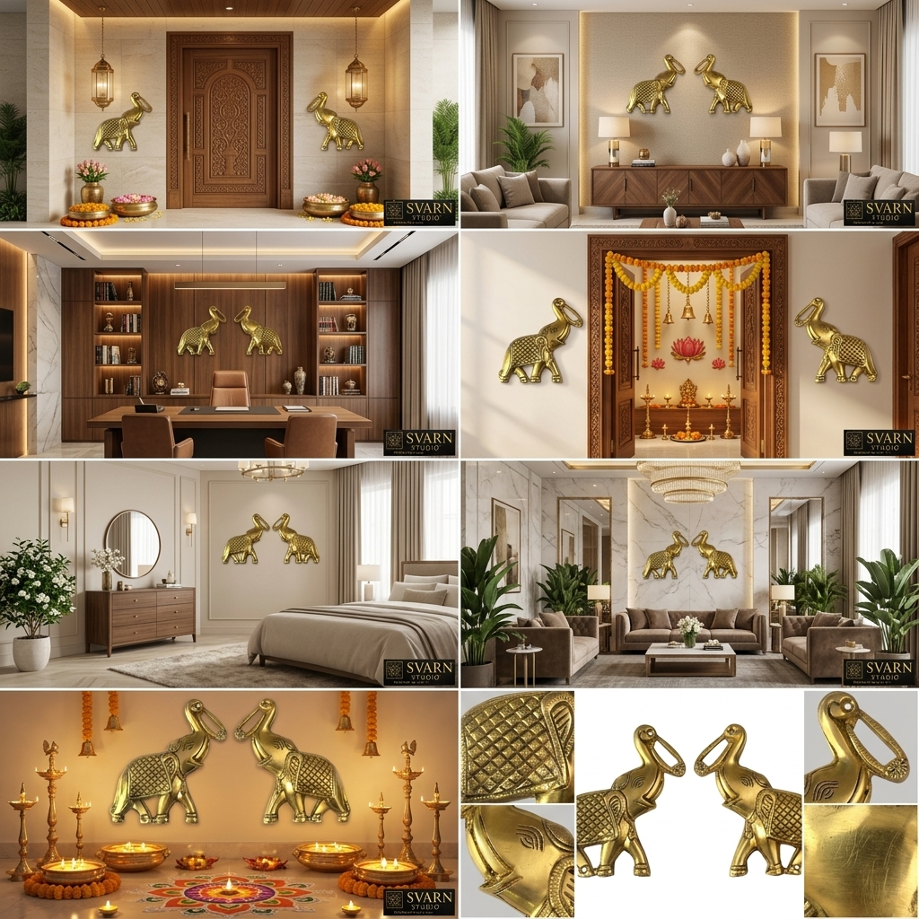 Svarn Studio Brass Trunk-Up Elephant - Ten-panel lifestyle collage: Luxury Home Entrance, Premium Living Room, Executive Office, Pooja Room Entrance with marigolds, Luxury Bedroom, Set of 2 facing pair on white, Festive Diwali Decor with rangoli, Craftsmanship macro detail