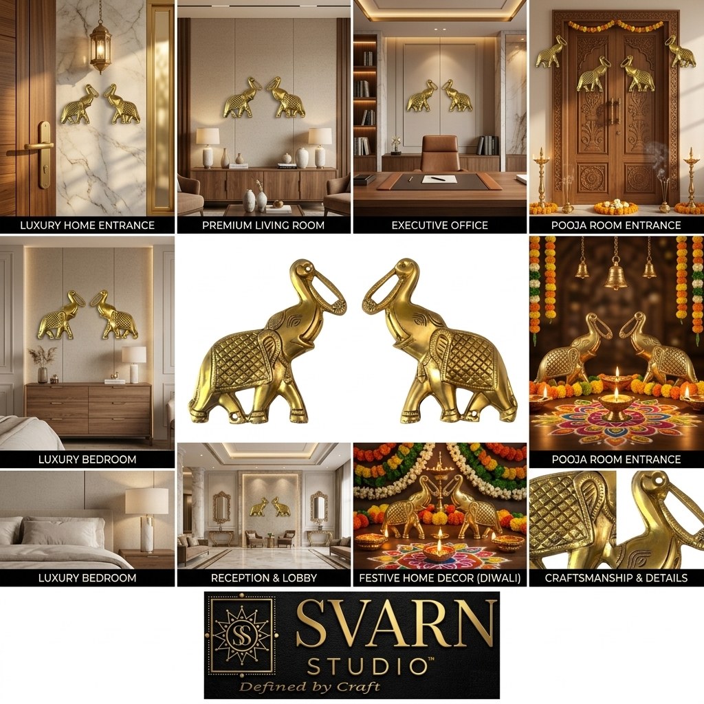 Svarn Studio Brass Trunk-Up Elephant - Eight-panel lifestyle: Main Door entrance with lanterns, Living Room sideboard, Executive Office wood-panelled wall, Bedroom with marigold door torana, Bedroom dresser, Reception lobby marble wall, Festive Diwali with diyas and rangoli, Macro craftsmanship details