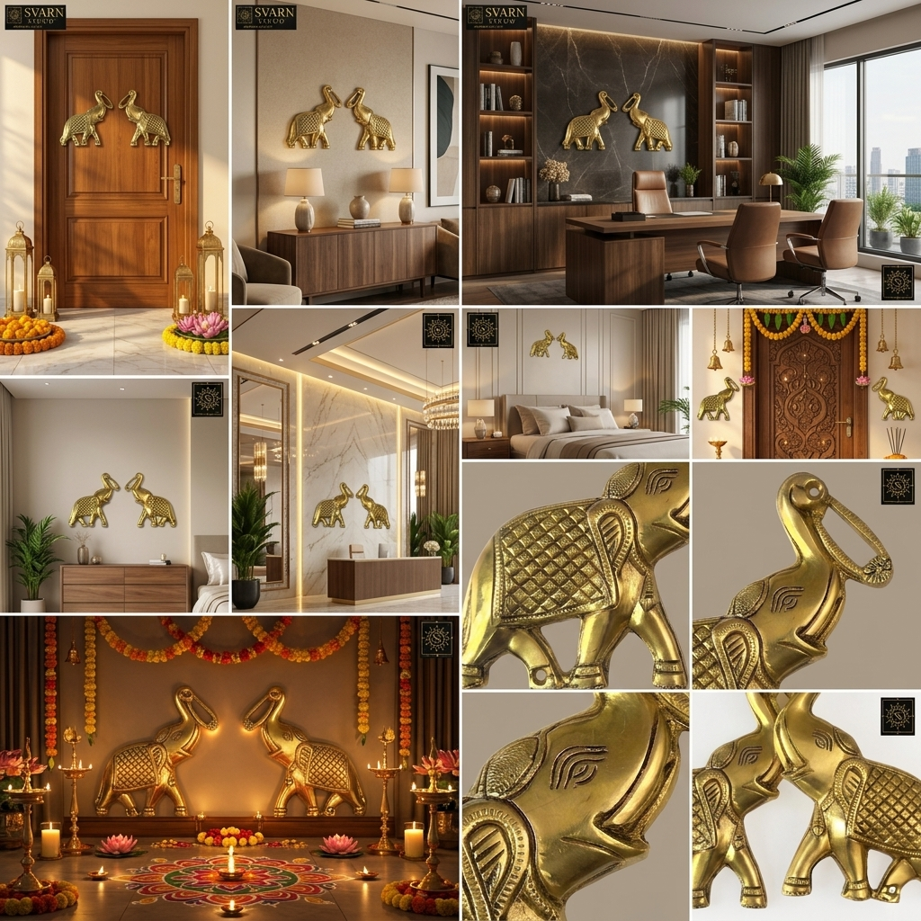 Svarn Studio Brass Trunk-Up Elephant - Eight-panel lifestyle: Grand Entrance with carved wooden door, Living Room console, Executive Office with city view, Puja Room mandir with marigold garlands, Luxury Bedroom, Premium Living Room marble wall, Festive Diwali with brass diyas, Macro detail panels