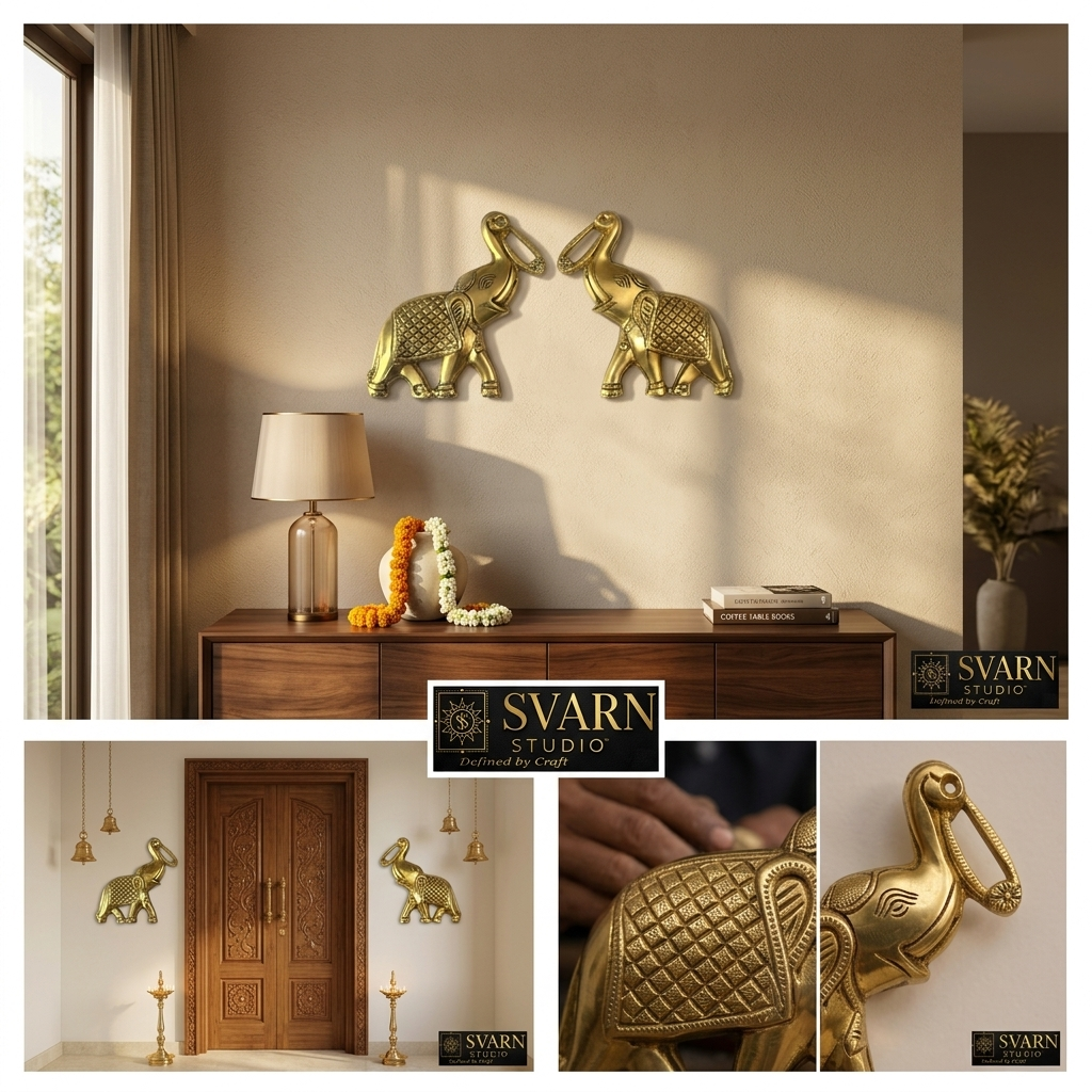 Svarn Studio Brass Trunk-Up Elephant - Seven-panel lifestyle: Main Door with lanterns and marigolds, Living Room sideboard, Executive Office, Puja Room entrance with marigold garlands, Bedroom, Reception lobby, Festive Diwali setting