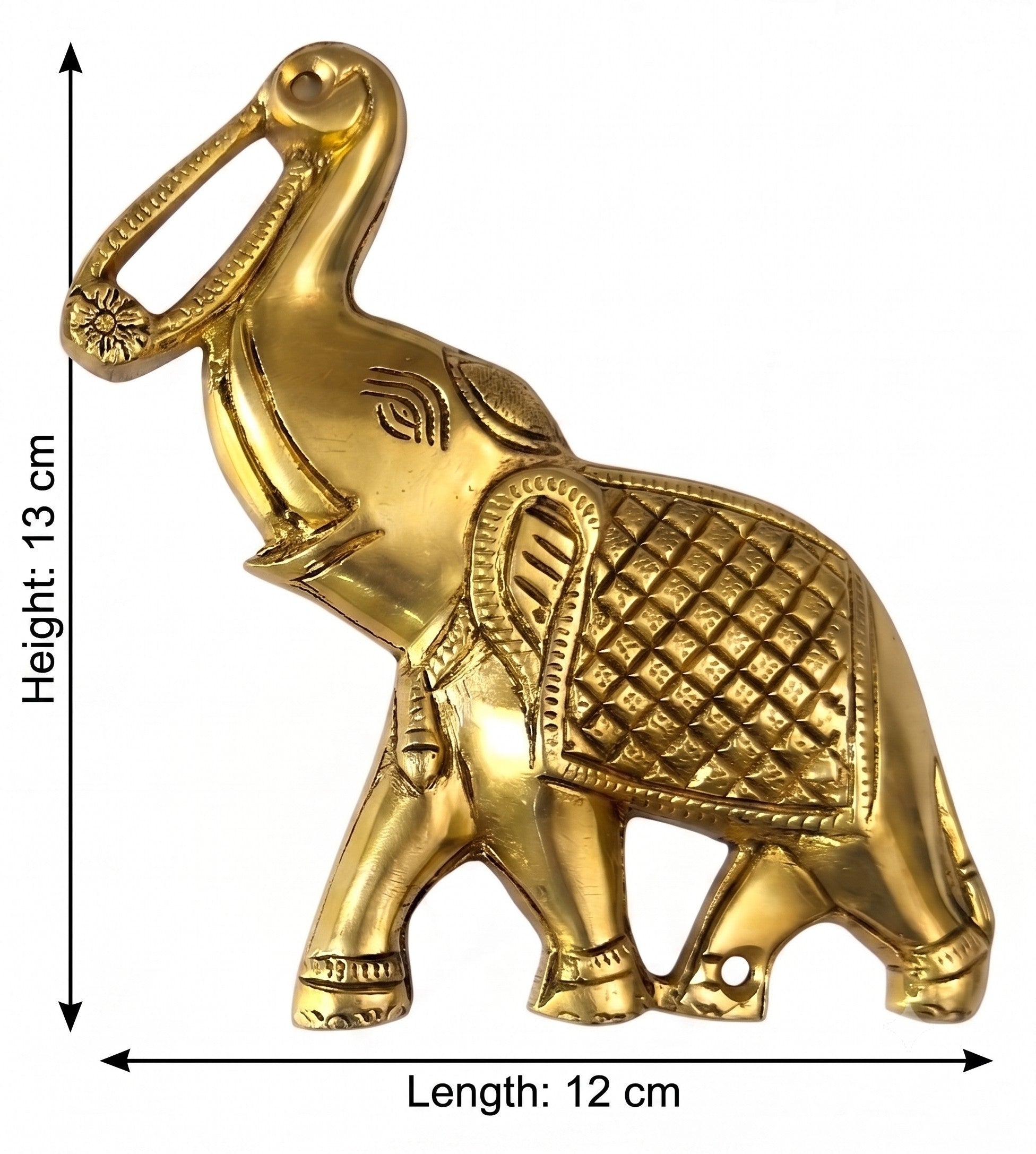 Svarn Studio Brass Trunk-Up Elephant - Set of 2 dimensions reference showing both pieces with measurements