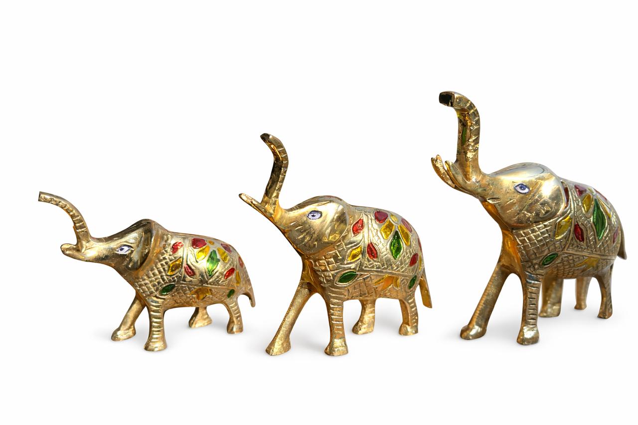 Brass Elephant Set of 3 | Hand-Painted Decorative Figurines | Svarn Studio