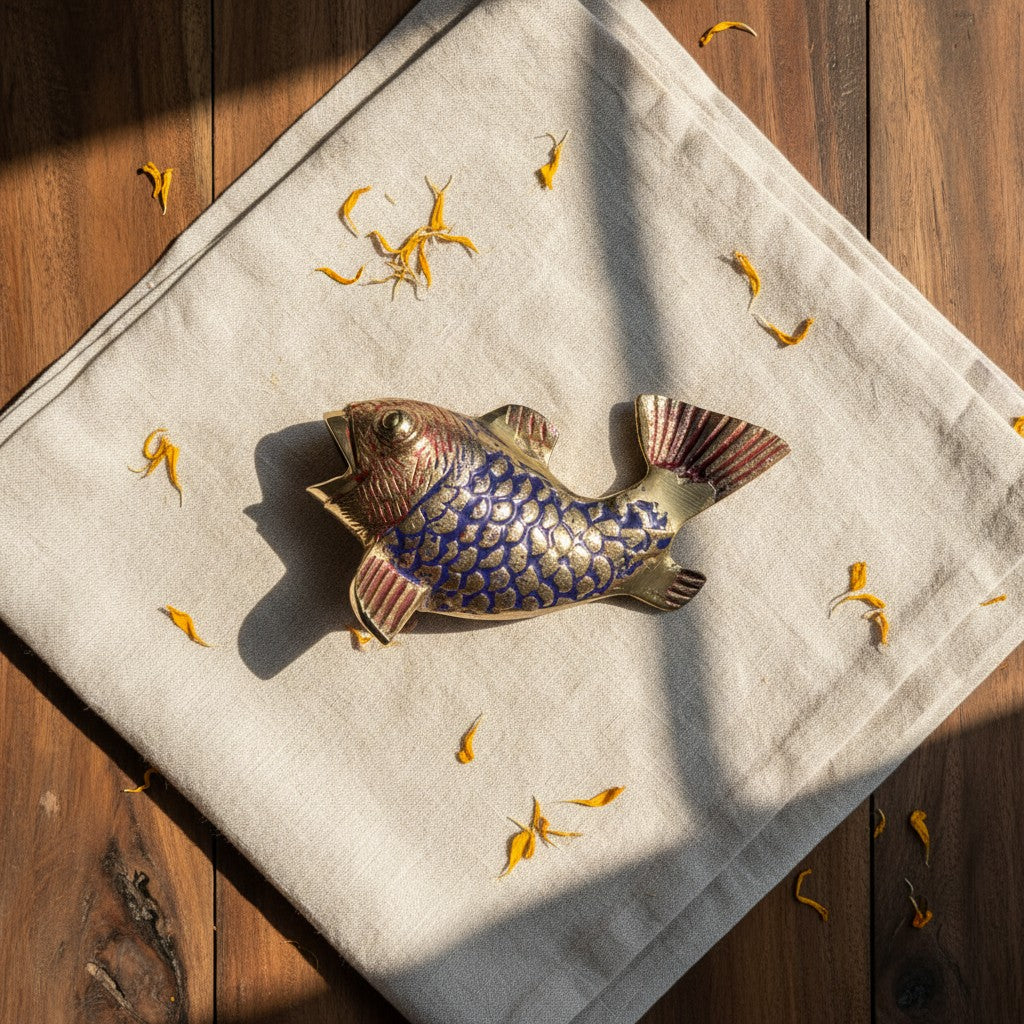 Svarn Studio pure brass Meenakari fish showpiece handcrafted blue gold enamel figurine auspicious home decor