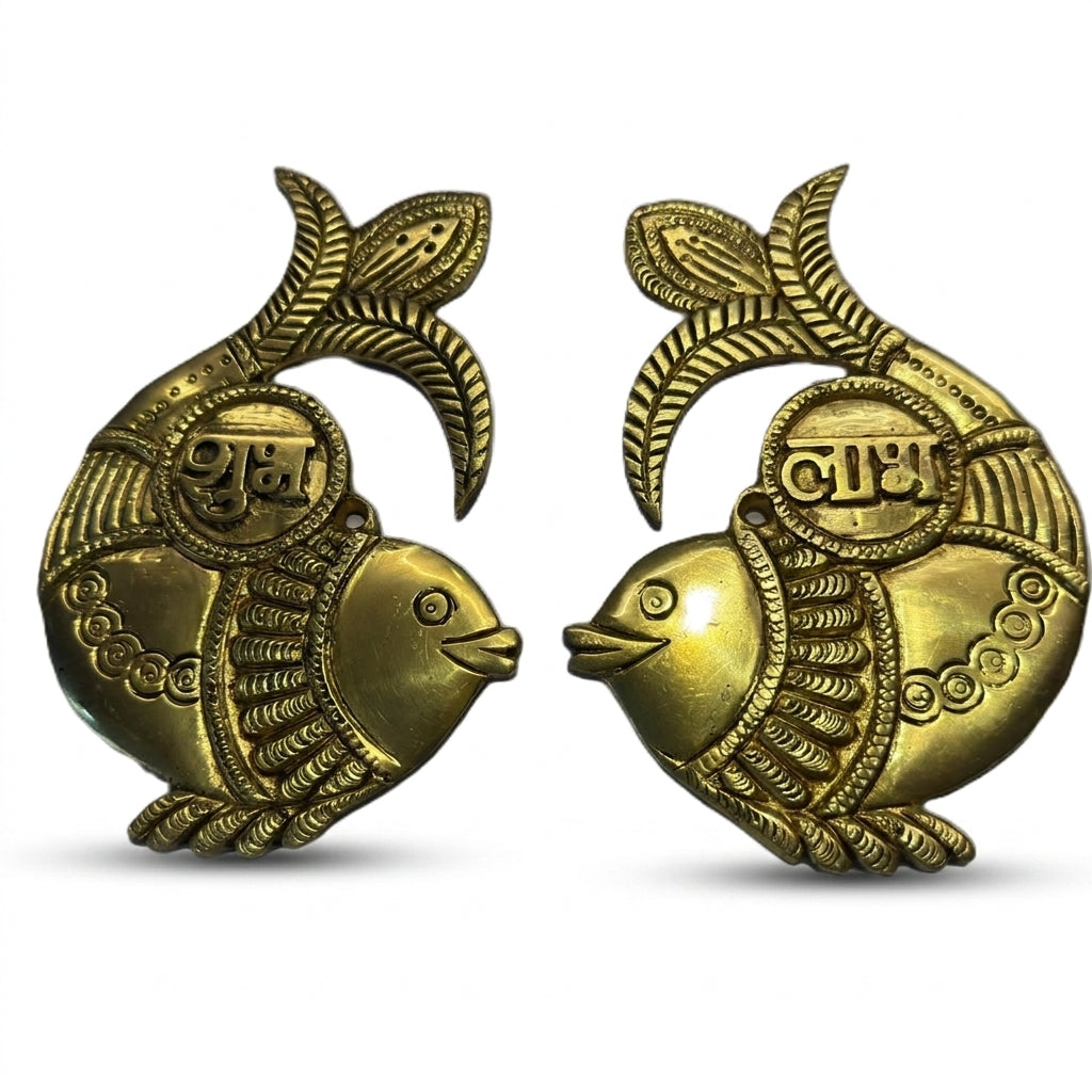 Svarn Studio Brass Shubh-Labh Fish - Set of 2 front view on white background showing both Shubh and Labh pieces as facing pair