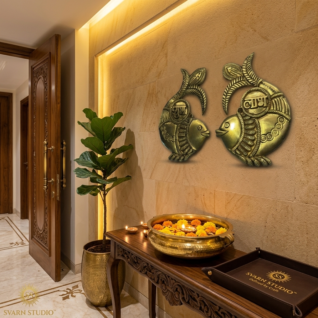 Svarn Studio Brass Shubh-Labh Fish - Nine-panel lifestyle collage: Main Entrance, Living Room console, Puja Room with wooden mandir, Executive Office, Home Study desk, Macro close-up of Labh engraving and fish detail