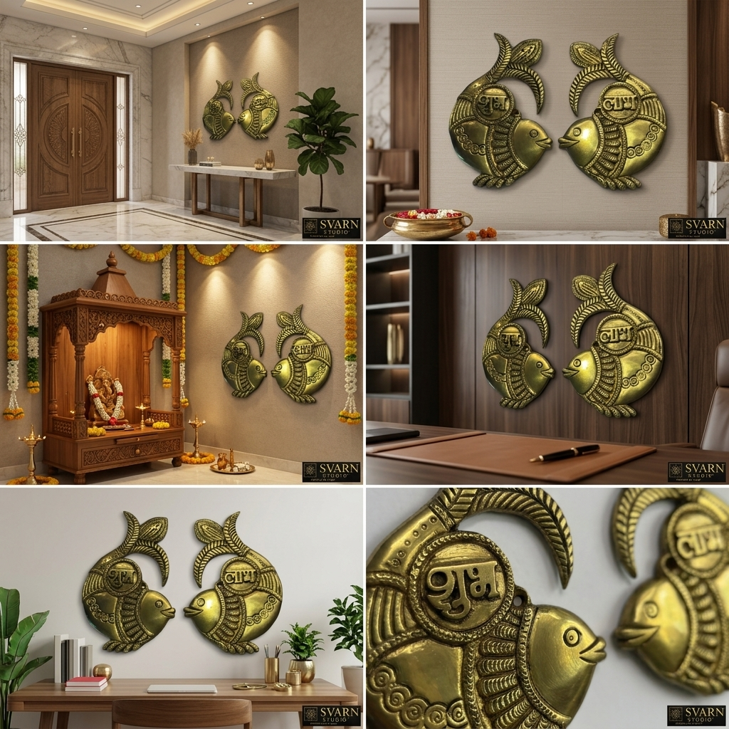 Svarn Studio Brass Shubh-Labh Fish - Six-panel lifestyle collage: Grand Entrance with double doors, Close-up pair shot showing Shubh and Labh inscriptions, Puja Room with marigold garlands, Executive boardroom, Home office with bookshelf, Macro close-up of Labh fish