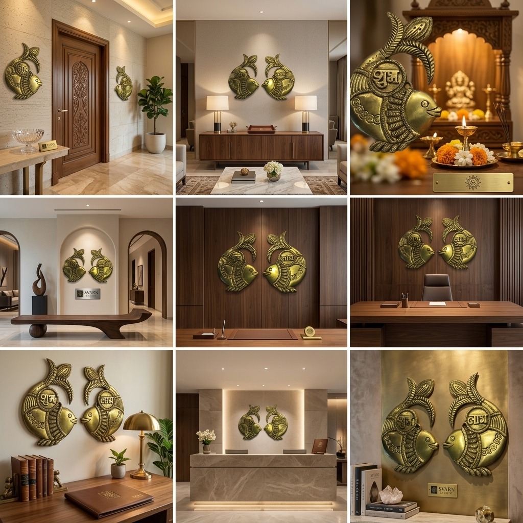 Svarn Studio Brass Shubh-Labh Fish - Luxury marble foyer lifestyle with warm cove lighting, wooden console, brass bowl with marigolds and Fiddle Leaf Fig plant