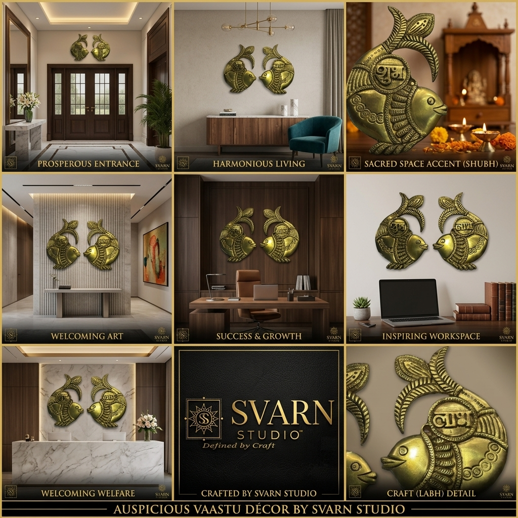 Svarn Studio Brass Shubh-Labh Fish - Nine-panel branded collage: Prosperous Entrance, Harmonious Living, Sacred Space Accent (Shubh), Welcoming Art, Success & Growth (Executive Office), Inspiring Workspace, Welcoming Welfare (Hotel Reception), Svarn Studio branding, Craft (Labh) Detail macro