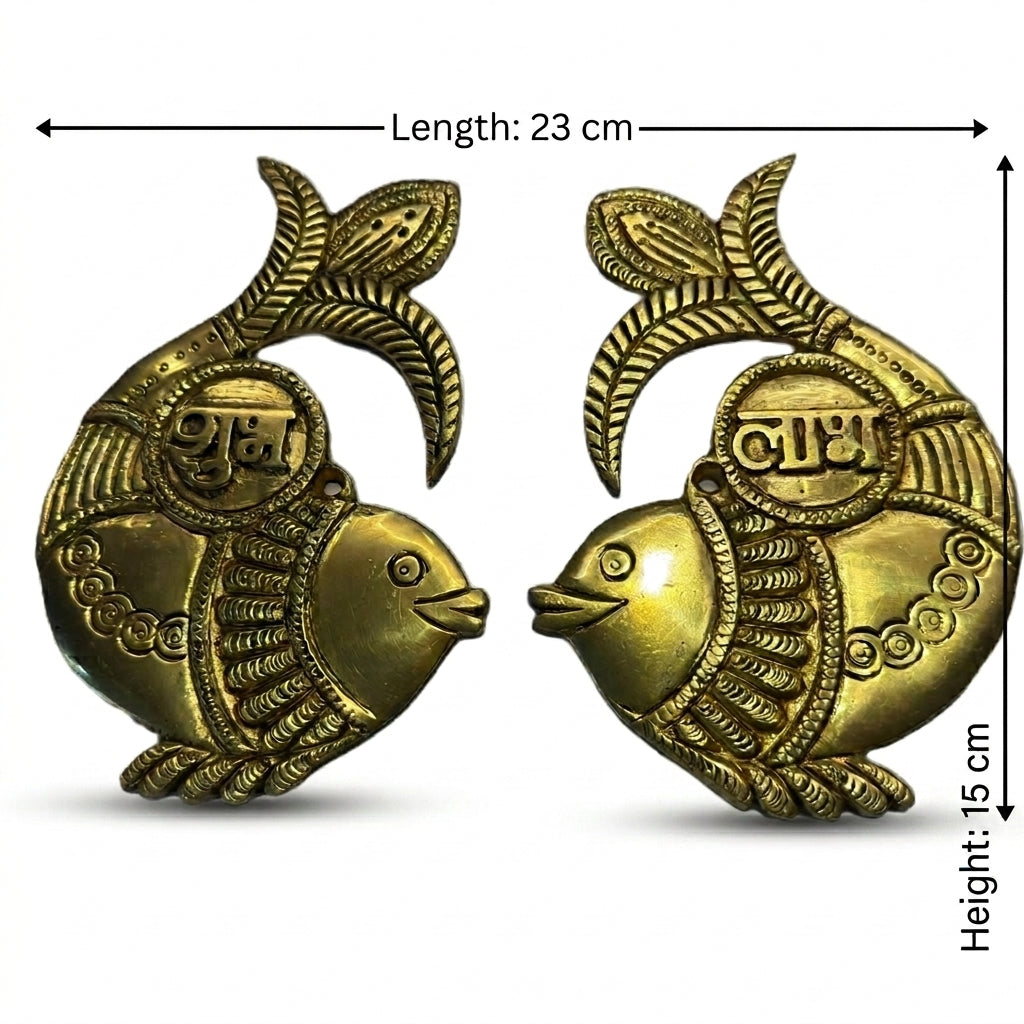 Svarn Studio Brass Shubh-Labh Fish - Dimensions infographic showing both pieces with measurements and lifestyle settings