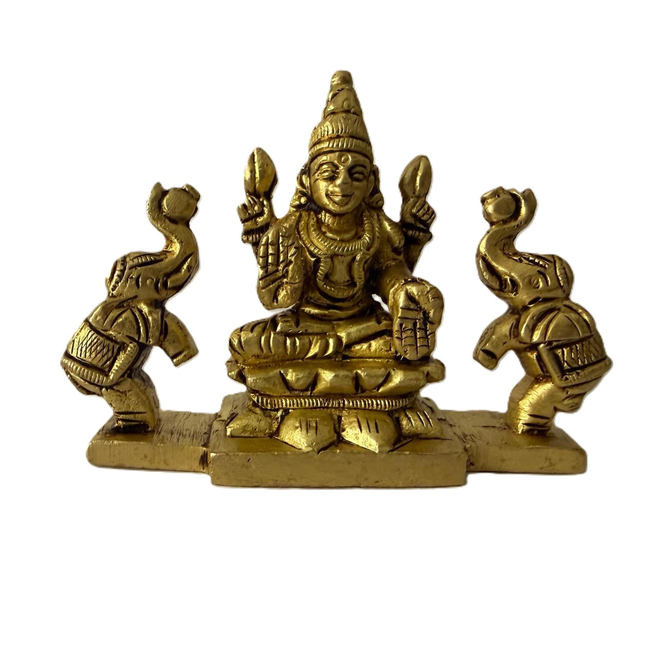 Svarn Studio Pure Brass Gaj Lakshmi Idol - Lifestyle shot on marble console with circular mirror backdrop