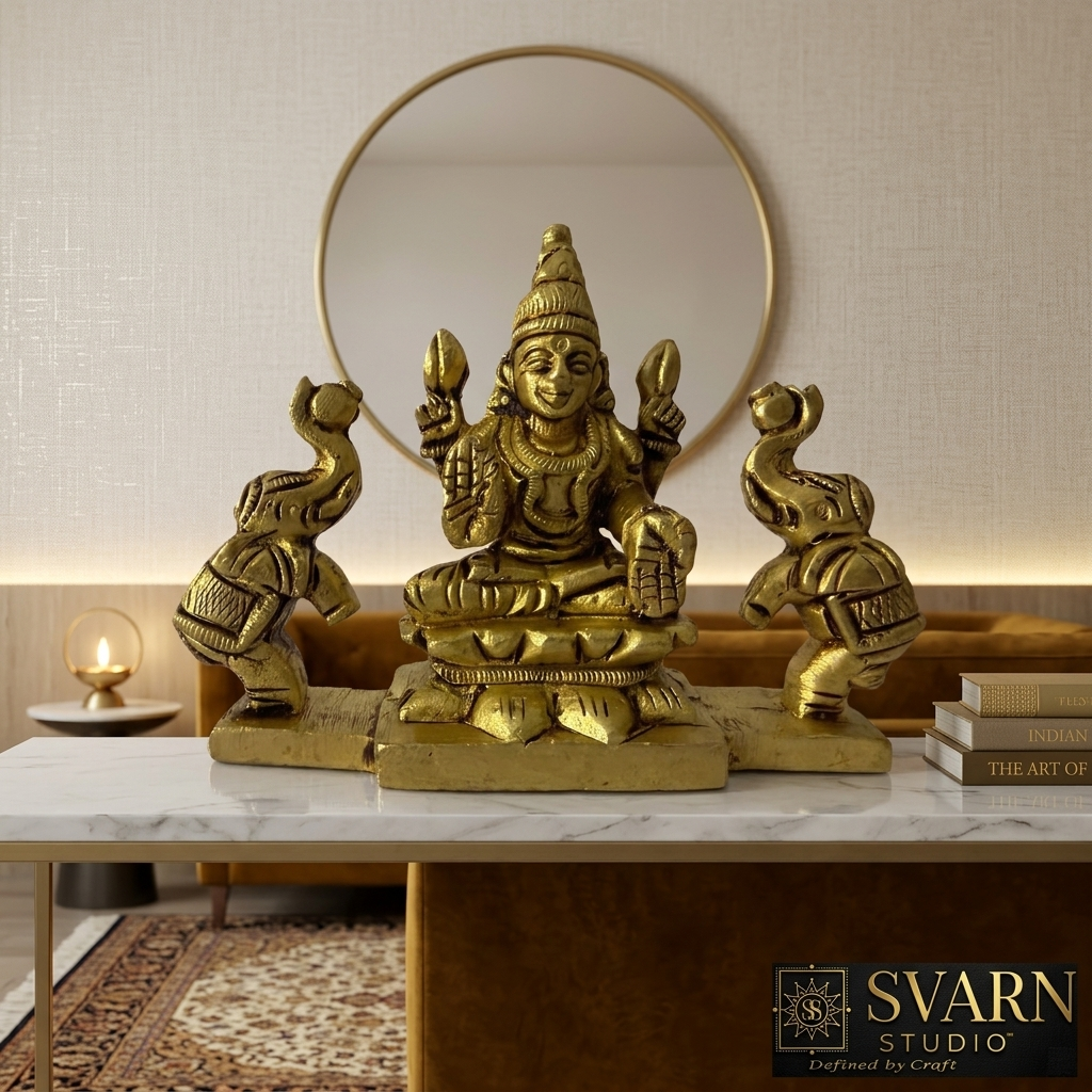 Svarn Studio Pure Brass Gaj Lakshmi Idol - Front facing view on white background