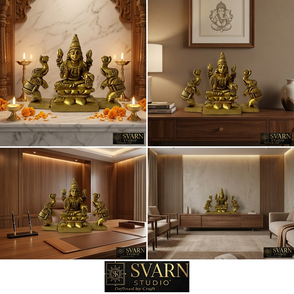 Svarn Studio Pure Brass Gaj Lakshmi Idol - Rear view on white background
