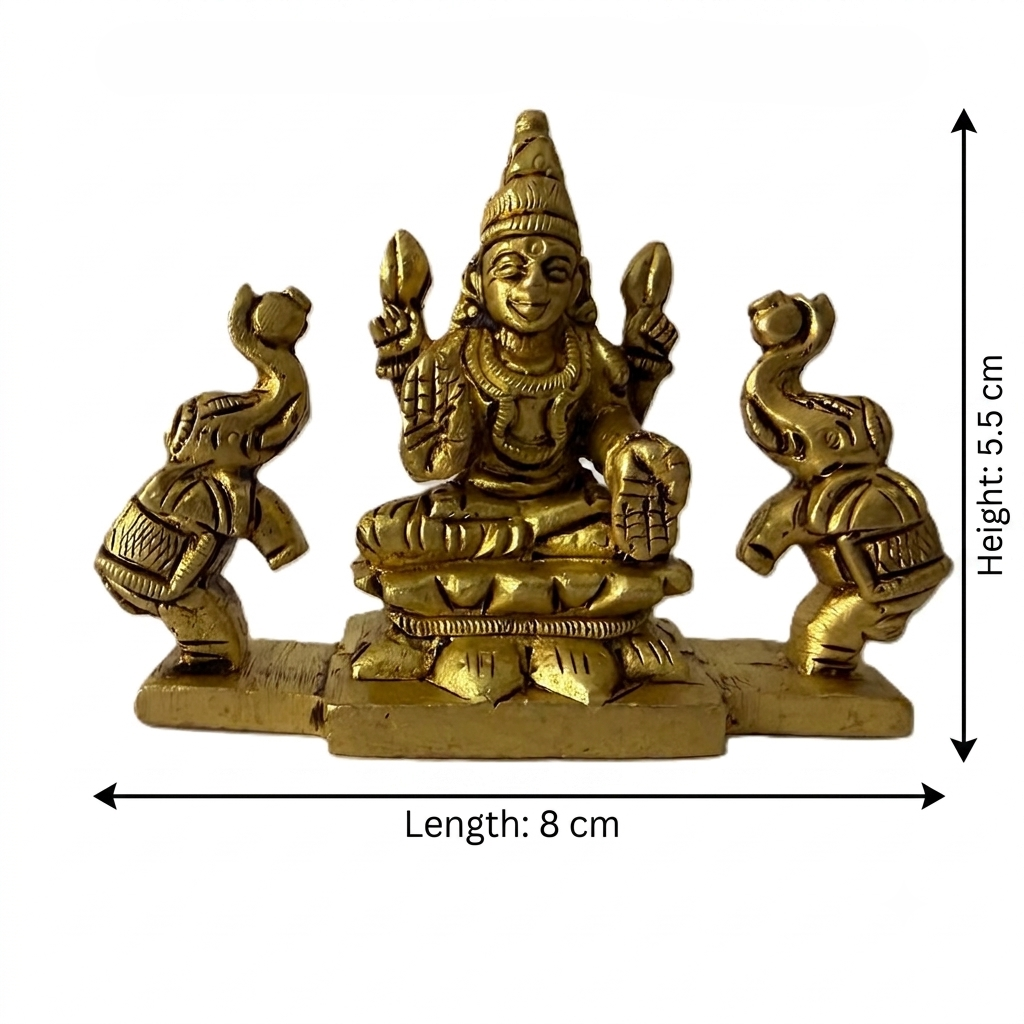Svarn Studio Pure Brass Gaj Lakshmi Idol - Measurement diagram showing 8cm length and 5.5cm height