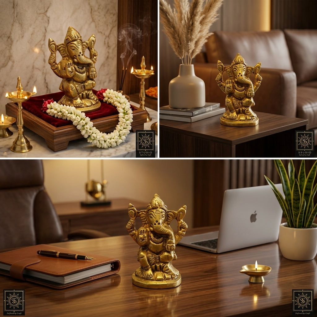 Svarn Studio Pure Brass Solid Ganesh Idol, Gold, 6 cm x 4 cm, for Home, Office Décor and Car Dashboard