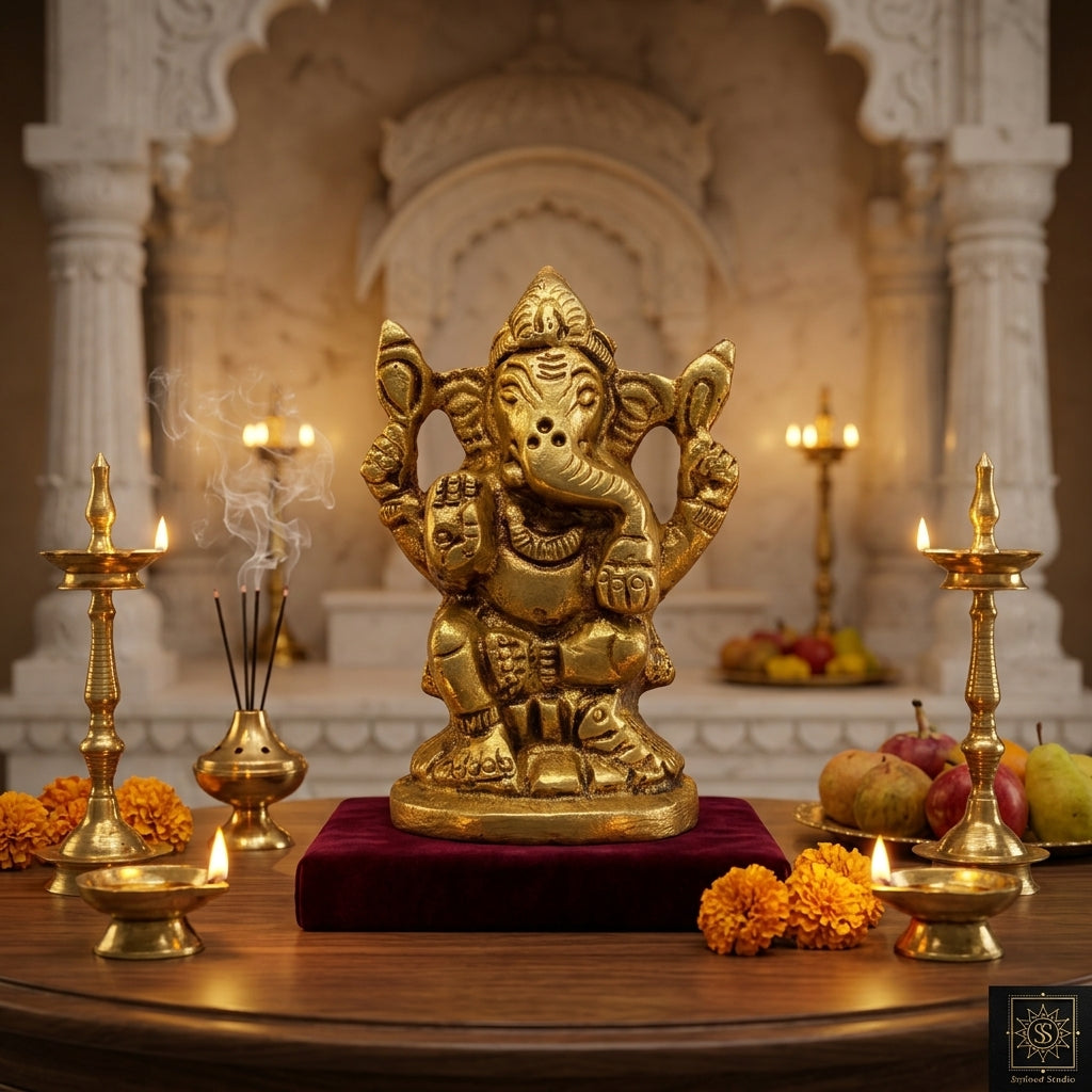 Svarn Studio Pure Brass Solid Ganesh Idol, Gold, 6 cm x 4 cm, for Home, Office Décor and Car Dashboard