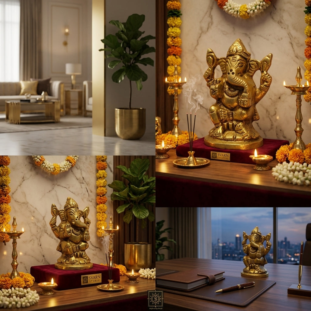 Svarn Studio Pure Brass Solid Ganesh Idol, Gold, 6 cm x 4 cm, for Home, Office Décor and Car Dashboard