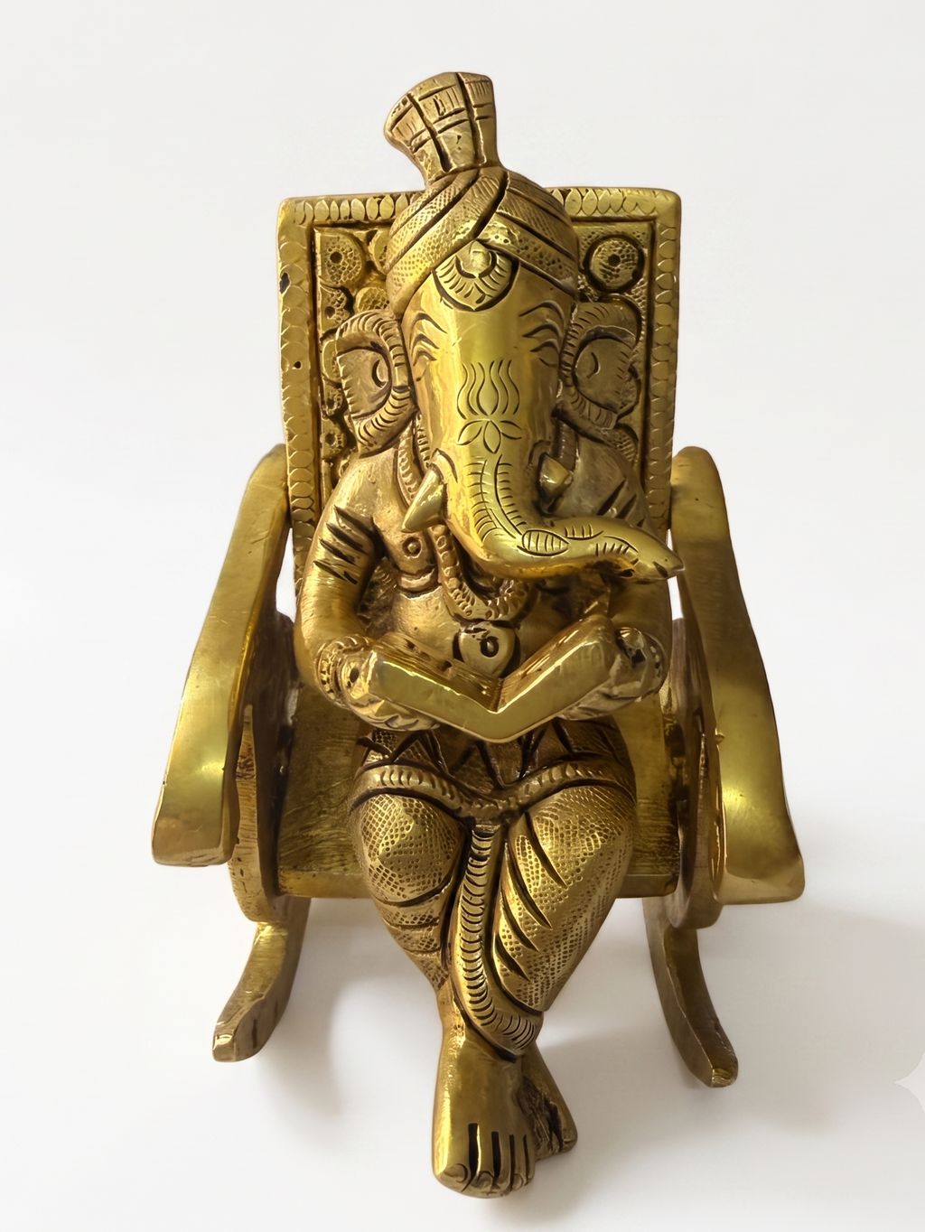 Svarn Studio Brass Ganesh on Chair - Front view on white background showing full idol detail