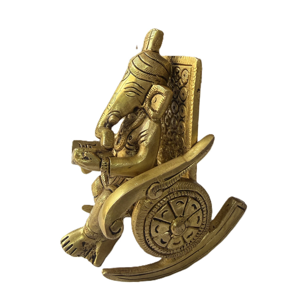 Svarn Studio Brass Ganesh on Chair - Lifestyle collage: Premium Pooja Room, Luxury Living Room, Executive Office, Study Table, Home Entrance Console, Luxury Library, Festive Home Decoration, Craftsmanship Close-up