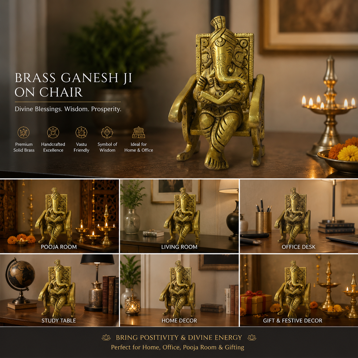 Svarn Studio Brass Ganesh on Chair - Multi-setting collage: Puja Room, Living Room Sideboard, Luxury Library, Executive Desk, Home Entrance Console, Craftsmanship Close-up