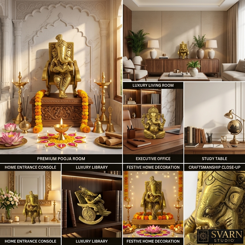Svarn Studio Brass Ganesh on Chair - Luxury Library and Festive Decoration settings with close-up detail panels