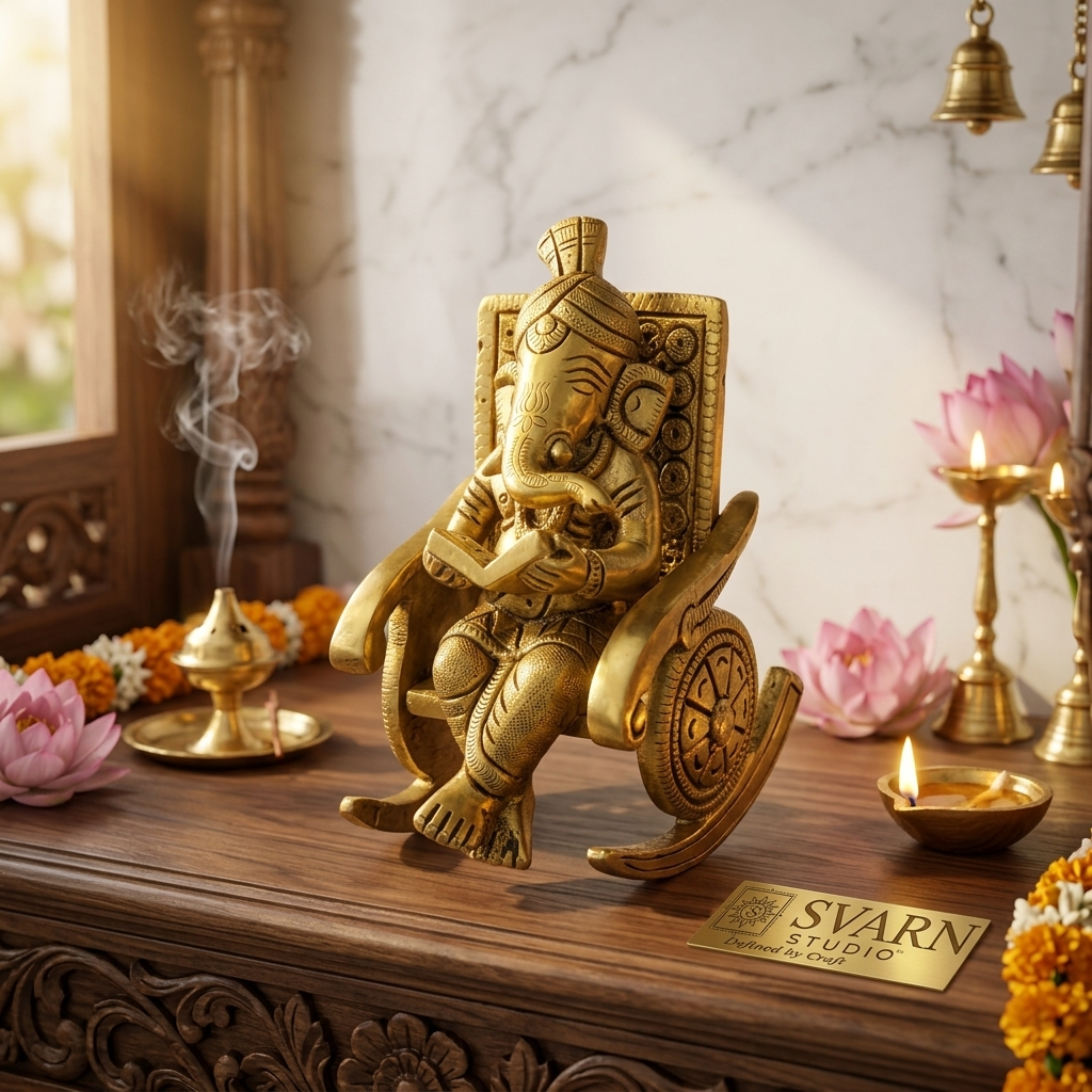 Svarn Studio Brass Ganesh on Chair - Back view showing intricately carved chair back and base detail
