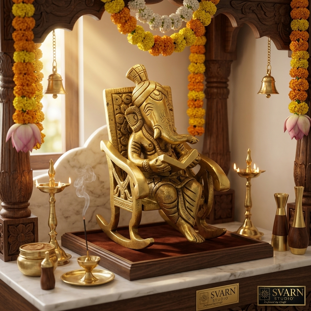 Svarn Studio Brass Ganesh on Chair - Side profile view showing depth and rocking chair runners