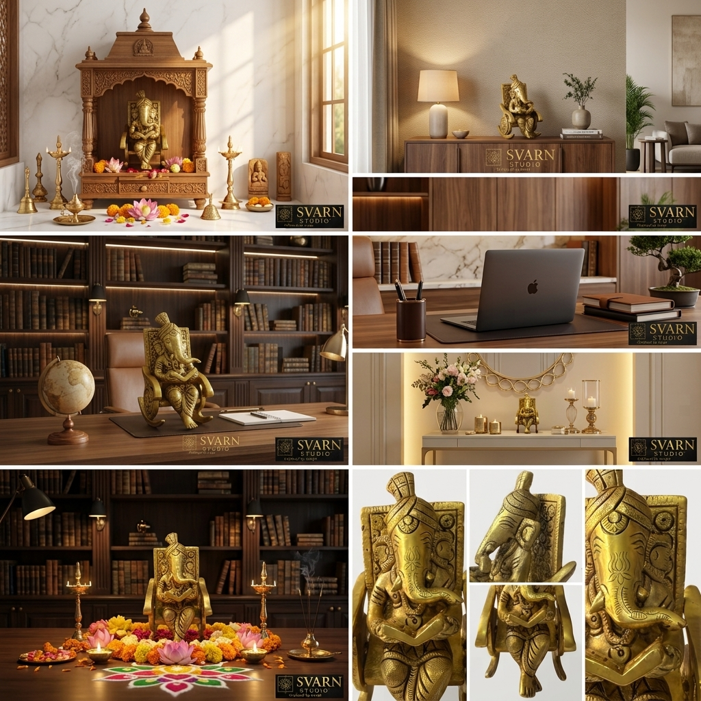 Svarn Studio Brass Ganesh on Chair - Close-up detail panels showing face, trunk, crown and dhoti carving