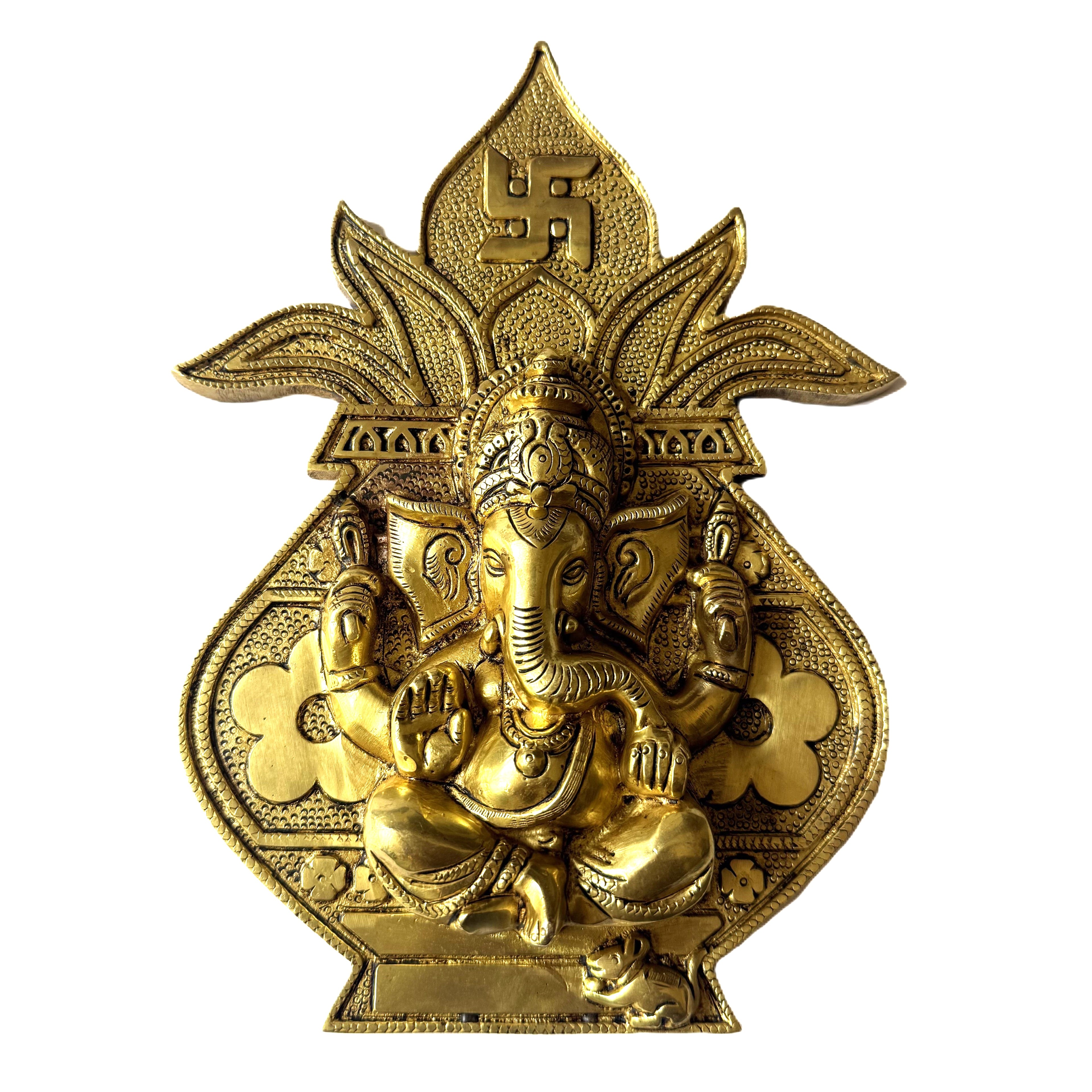 Svarn Studio Brass Ganesh Kalash Wall Hanging - Front view on white background showing full composition with Swastika crown and Kalash base