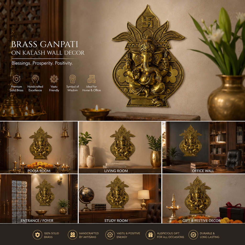 Svarn Studio Brass Ganesh Kalash - Luxury Pooja Room with marble wall, marigold garlands, brass diyas and wooden mandir; plus Living Room, Executive Office, Meditation Space, Festive Diwali Decor and macro detail panels