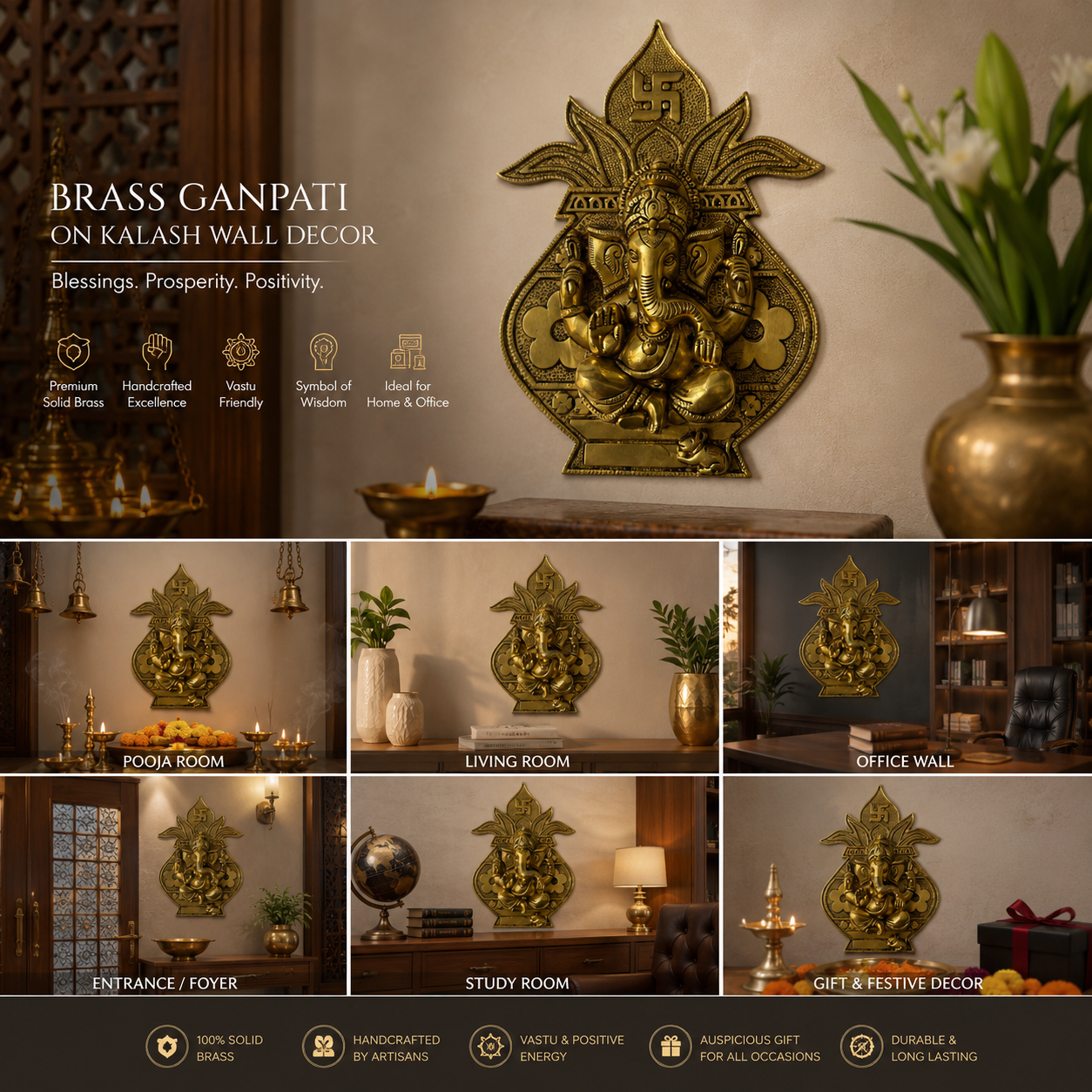 Svarn Studio Brass Ganesh Kalash - Luxury Pooja Room with marble wall, marigold garlands, brass diyas and wooden mandir; plus Living Room, Executive Office, Meditation Space, Festive Diwali Decor and macro detail panels