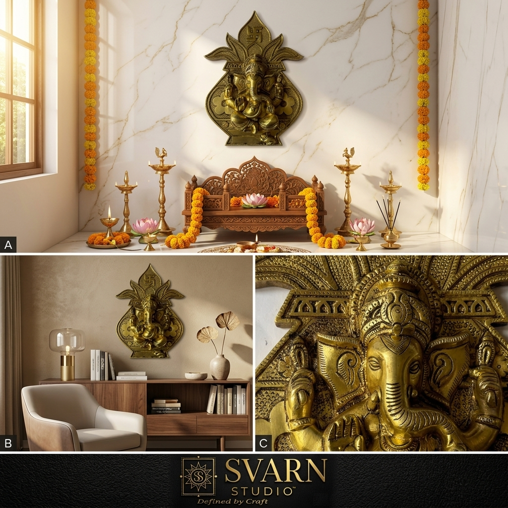 Svarn Studio Brass Ganesh Kalash - Grand Puja Room with marble wall and marigold garlands; Living Room console; Executive Office; Meditation Space; Festive Diwali setting; macro close-ups of Ganesha face, Swastika, Kalash base and lotus petal detail