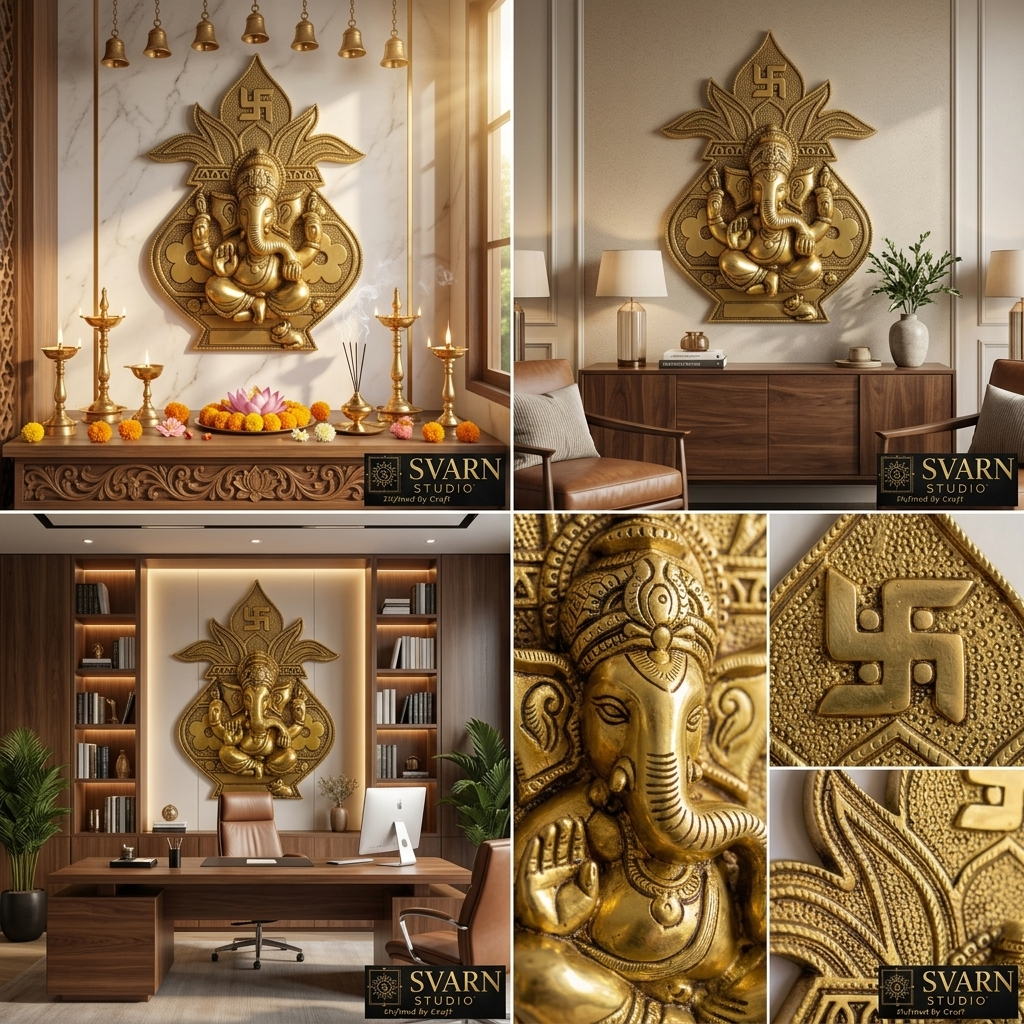 Svarn Studio Brass Ganesh Kalash - Luxury Pooja Room with marble wall and brass diyas; Living Room sideboard; Executive Office wall; Meditation Space floor setting; Festive Diwali Decor with diyas and rangoli