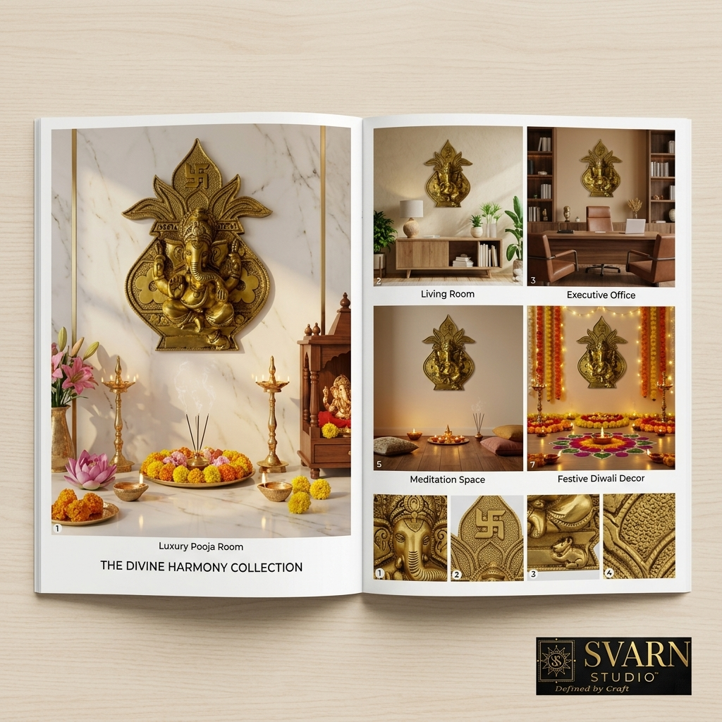 Svarn Studio Brass Ganesh Kalash - Magazine spread showing Luxury Pooja Room hero shot, Living Room, Executive Office, Meditation Space, Festive Diwali Decor and four macro detail panels of Ganesha face, Swastika, Kalash and lotus