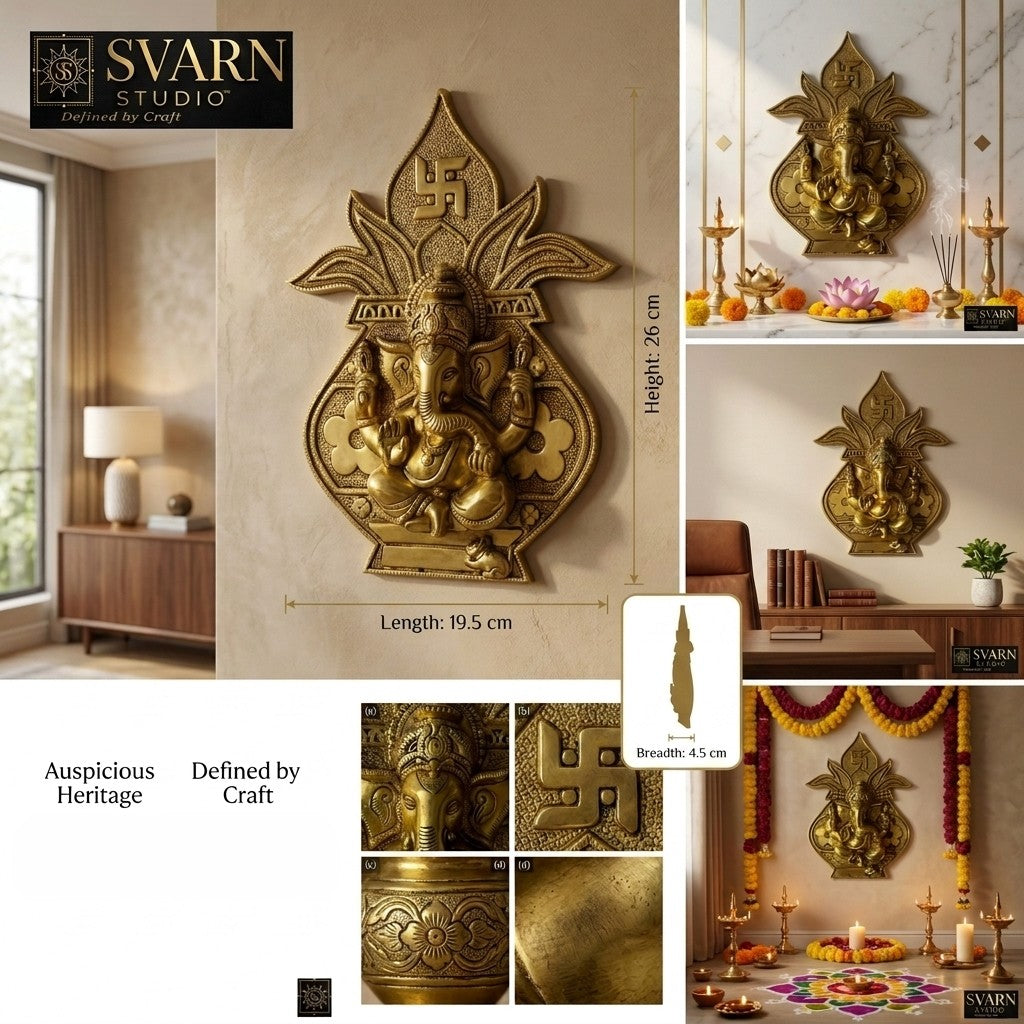 Svarn Studio Brass Ganesh Kalash - Dimensions reference: Height 26cm, Length 19.5cm, Breadth 4.5cm