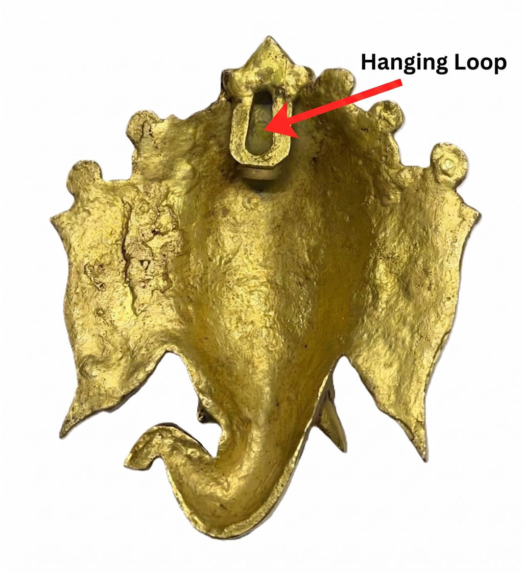 Svarn Studio Brass Ganesh Mukh - Lifestyle collage: Luxury Pooja Room, Drawing Room 45-degree, Macro Details