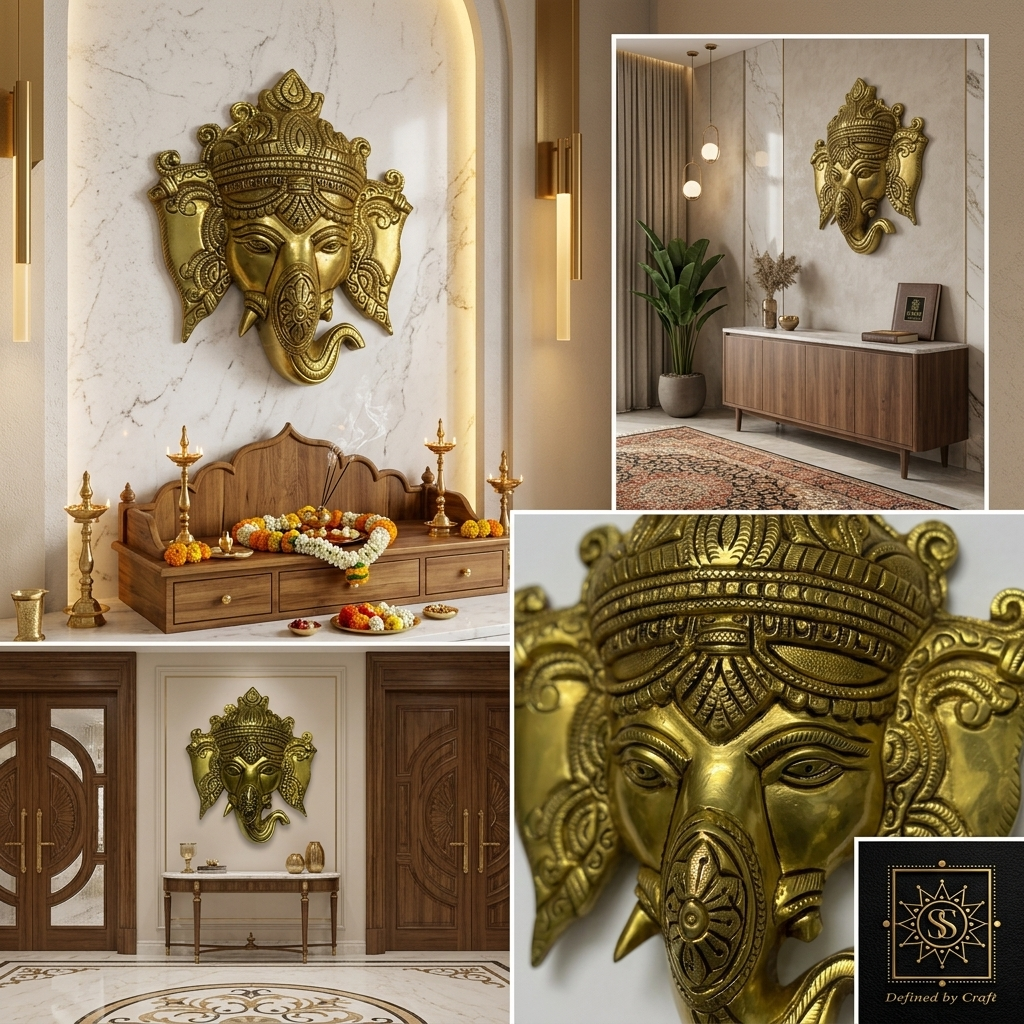 Svarn Studio Brass Ganesh Mukh - Grand Foyer Wide-angle, Boutique Resort Lobby, Branding Integrated Foyer Detail, Luxury Apartment Hallway, Home Study Lifestyle
