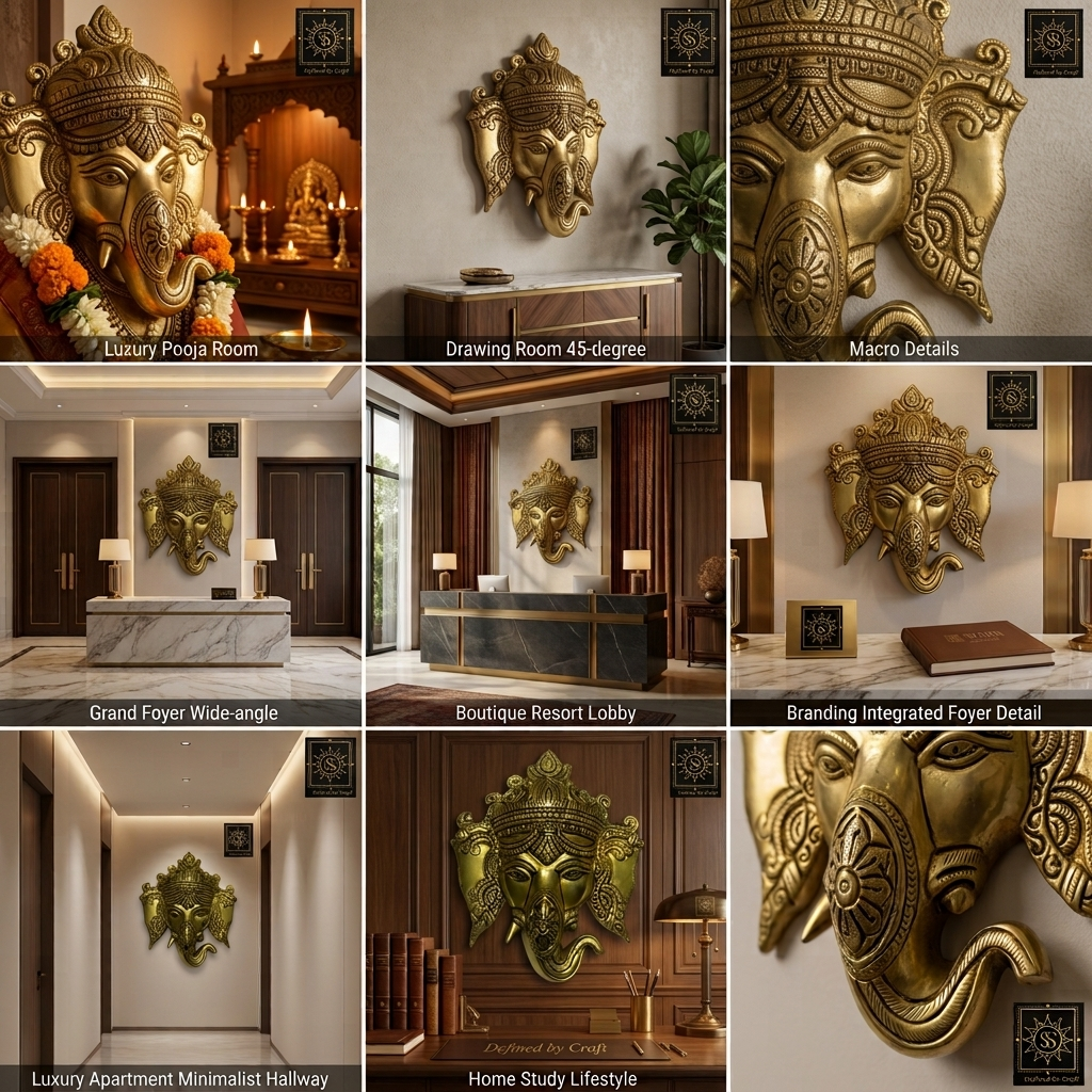 Svarn Studio Brass Ganesh Mukh - Luxury Pooja Room with marigolds and diyas, Modern Foyer, Macro close-up, Grand Entrance