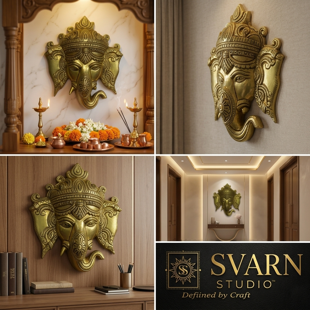 Svarn Studio Brass Ganesh Mukh - Back view showing built-in hanging loop for easy wall mounting