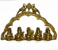 Svarn Studio Brass Musical Ganesha - Front view on white background showing all 5 Ganesha figures in Torana arch with facing peacocks and banana leaf apex