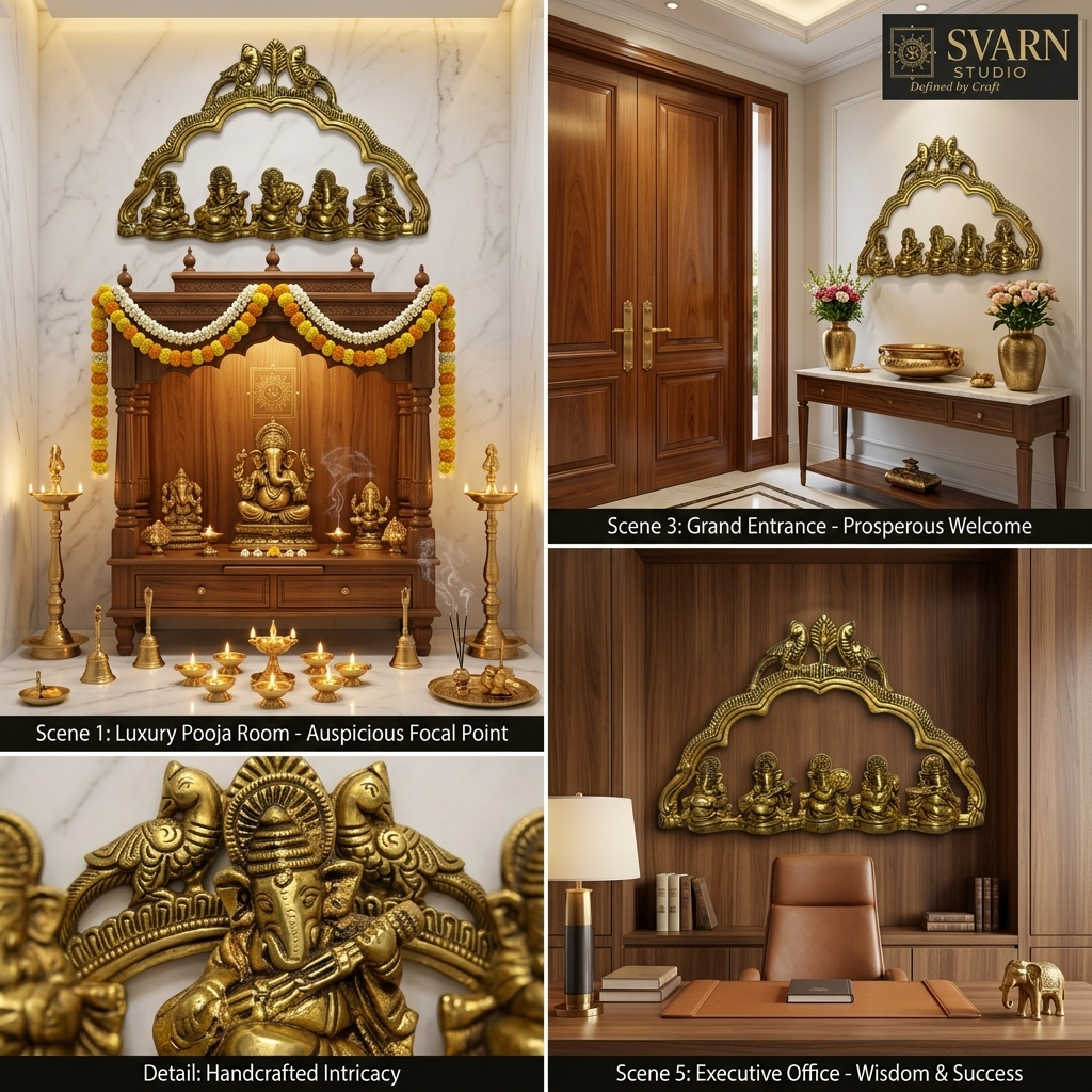 Svarn Studio Brass Musical Ganesha - Clean product view on white background showing full Torana arch composition from slight angle