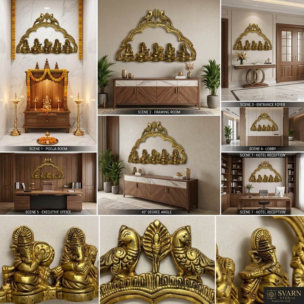 Svarn Studio Brass Musical Ganesha - Nine-panel lifestyle and detail collage: Pooja Room, Drawing Room console, Entrance Foyer, Executive Office, Hotel Reception, 45-degree angle view, macro close-ups of Ganesha figures and peacock crown