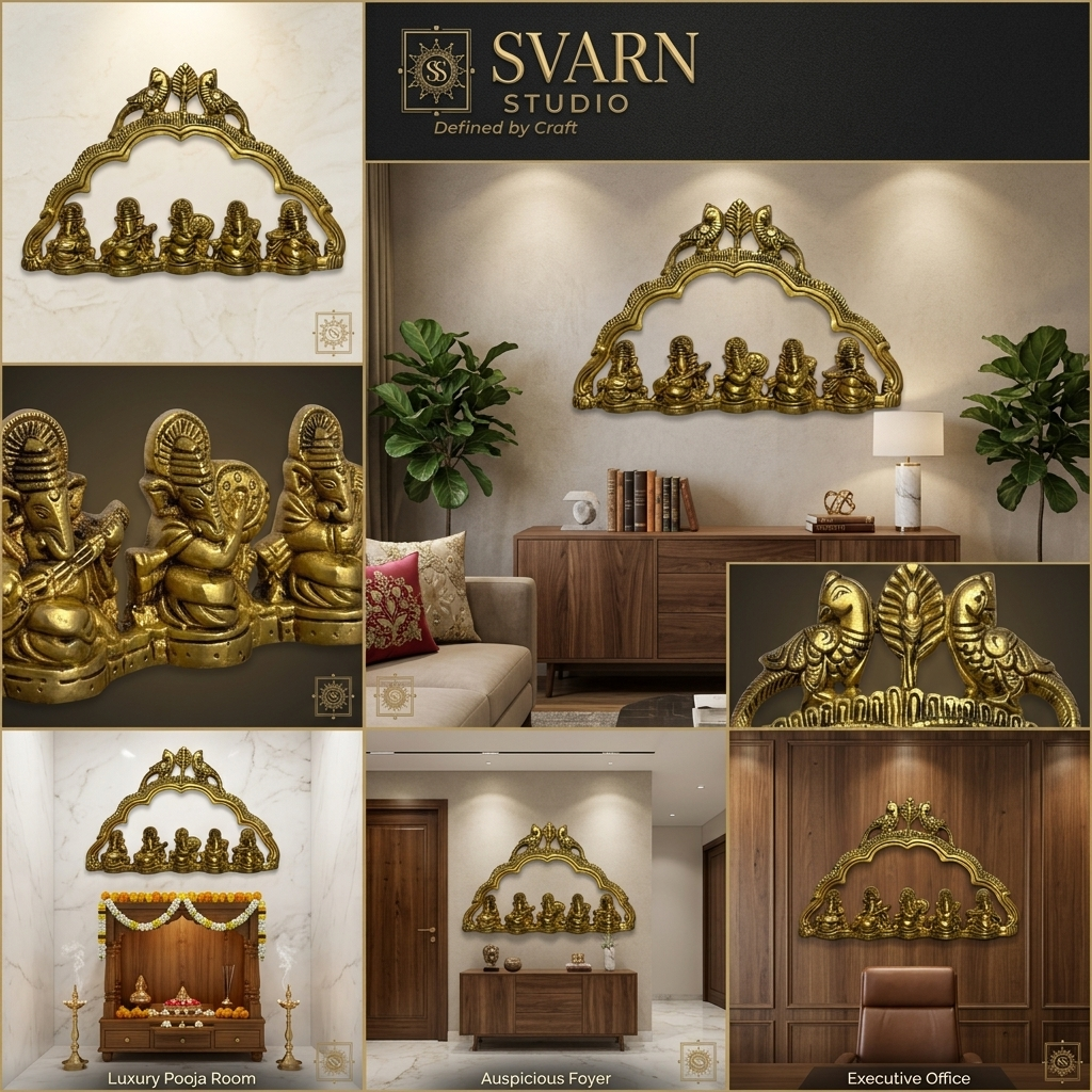 Svarn Studio Brass Musical Ganesha - Six-panel lifestyle: Luxury Pooja Room with wooden mandir and marigolds, Living Room sideboard with lamp and Fiddle Leaf Fig, Executive Office CEO desk, Auspicious Foyer console, Luxury Pooja Room marble wall, Executive Office wood-panelled wall