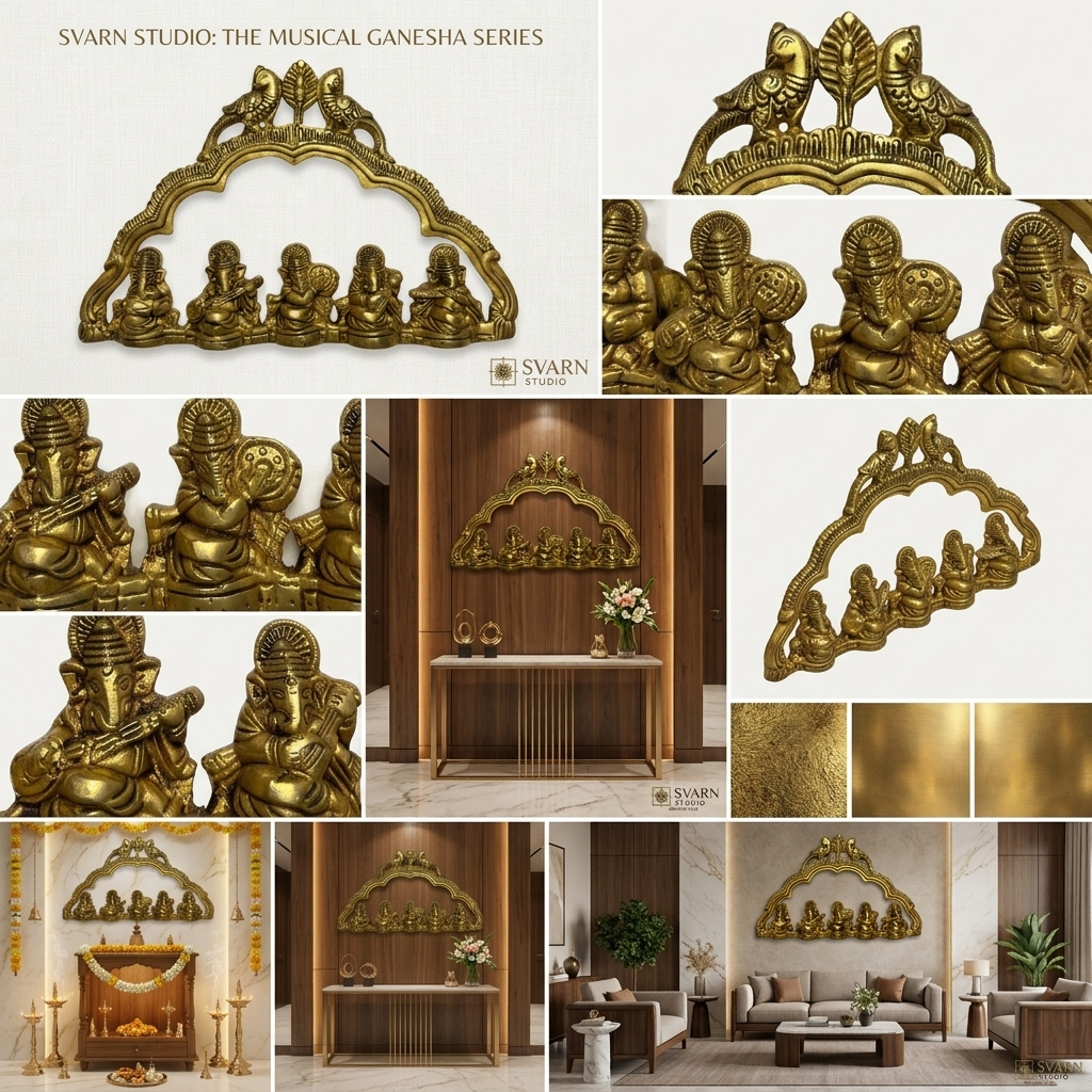 Svarn Studio Brass Musical Ganesha - Twelve-panel collage: Product on white, macro of peacock crown, macro of Ganesha figures playing instruments, Foyer console lifestyle, 45-degree side view, antique gold finish swatches, Luxury Pooja Room, Foyer console, Living Room sofa wall