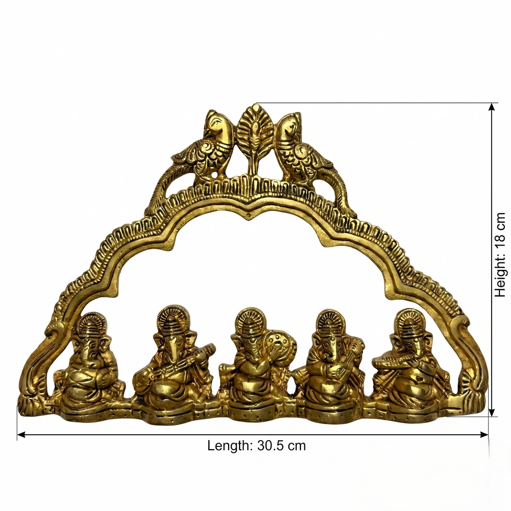 Svarn Studio Brass Musical Ganesha - Dimensions: Height 18cm, Length 30.5cm on white background