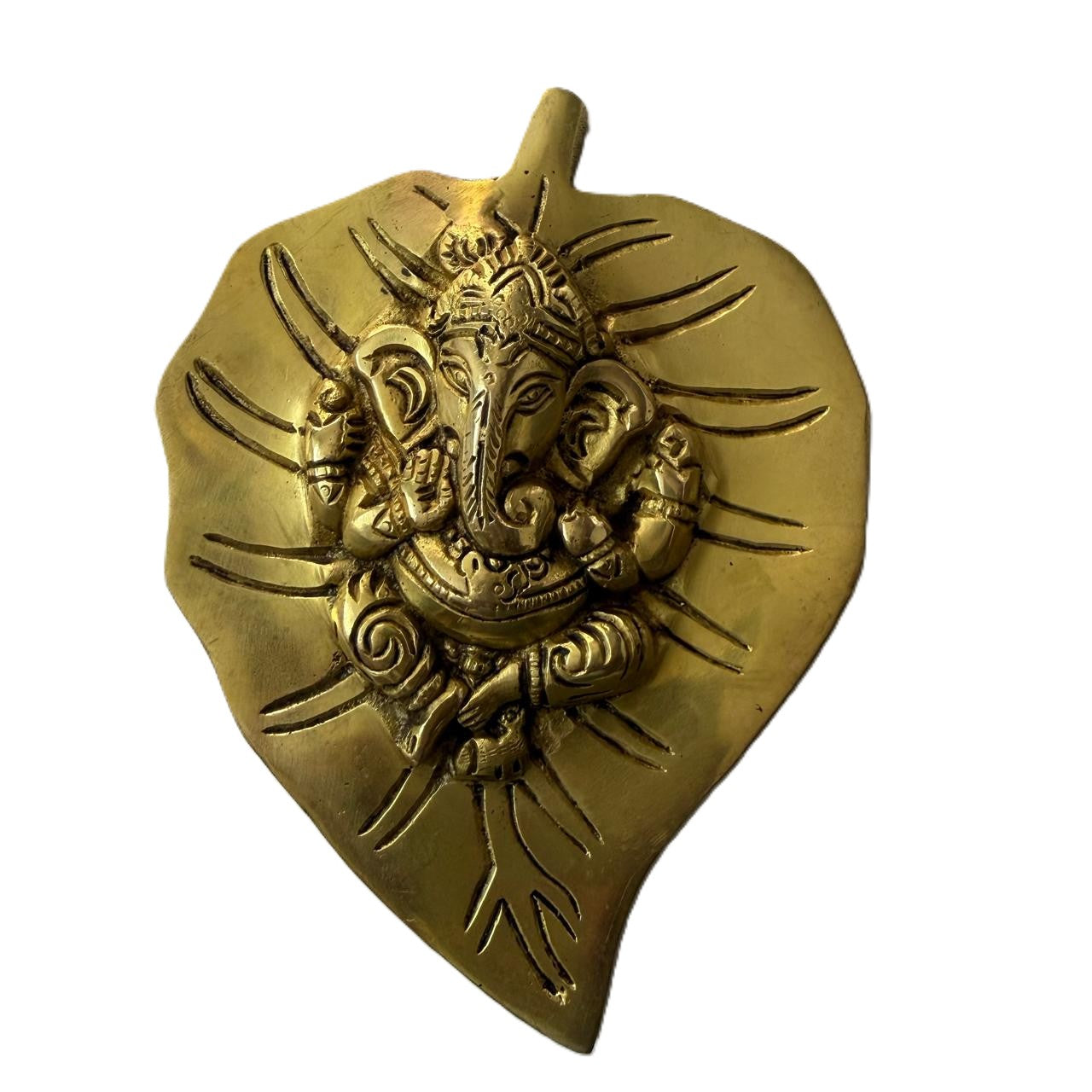 Svarn Studio Brass Patta Ganesh Large Wall Hanging - Front view on white background showing full Ganesha on Paan leaf
