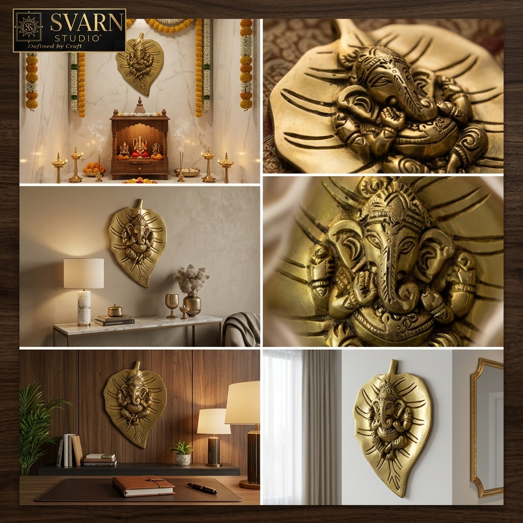 Svarn Studio Brass Patta Ganesh - Pooja Room front elevation with marigold garlands, Drawing Room 45-degree, Executive Office wide-angle, Macro close-up, Entrance Foyer lifestyle, Home Office study side-angle, Svarn Studio branding