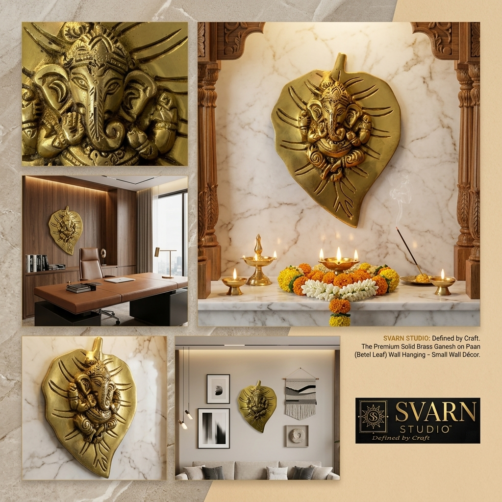 Svarn Studio Brass Patta Ganesh - Macro close-up of Ganesha face and four arms, Luxury Puja Room with marble backdrop and diyas, Executive Office wide scene, close-up detail, Living Room console, Svarn Studio branding